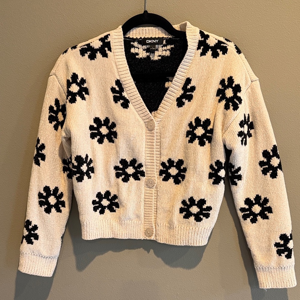 DKNY Cream and Black Floral Cardigan